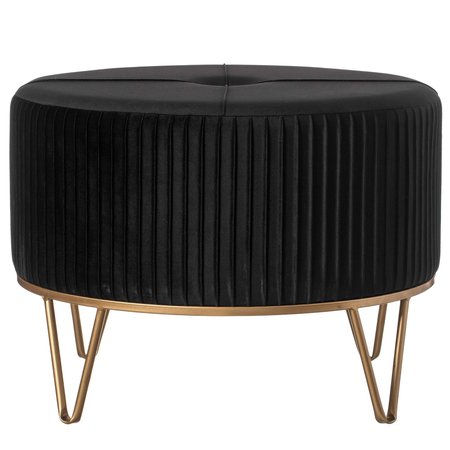 FABULAXE Round Velvet Ottoman Stool Raised with Hairpin Gold Base, Black, Large QI004324.BK.L